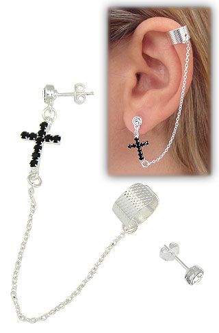 Brinco EAR CUFF folheado a prata c/ cruz em strass e